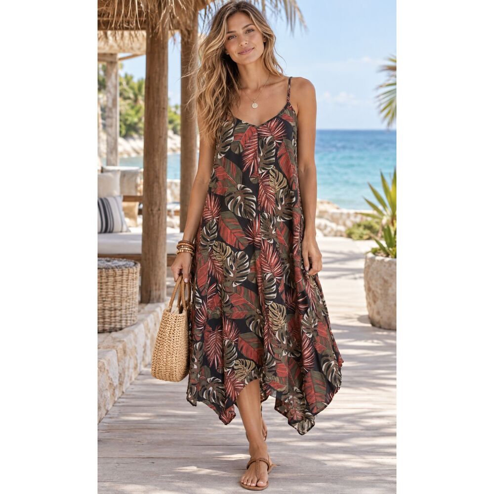 Linen Blend Sundress Tropical Sz. M Spaghetti Straps Handkerchief Hem TIME & TRU